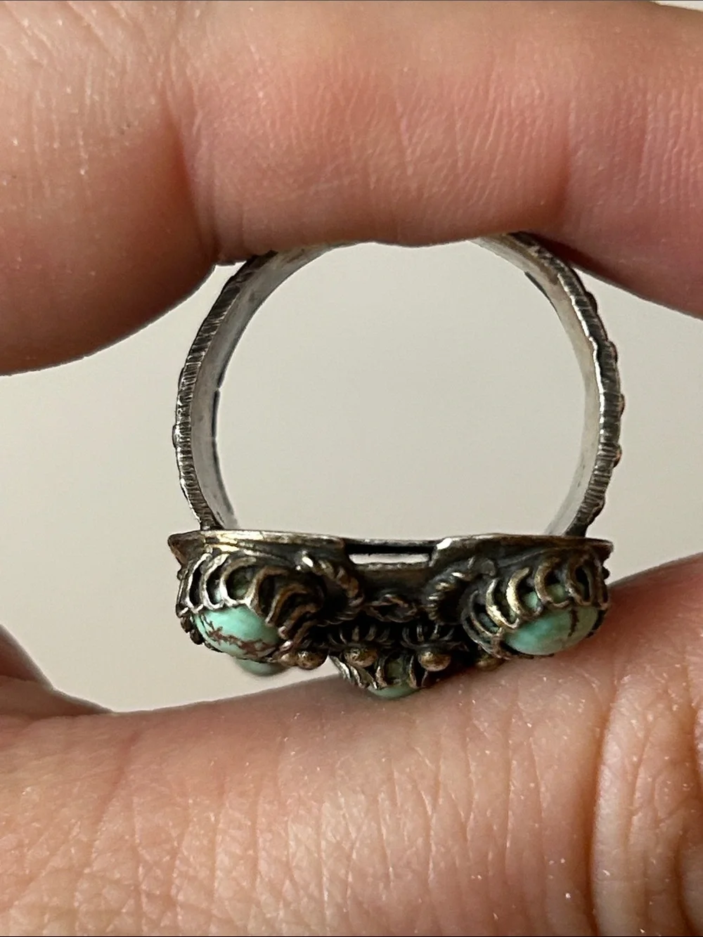 Antique Yemenite Filigree Genuine Turquoise Silver Ornate Ring
